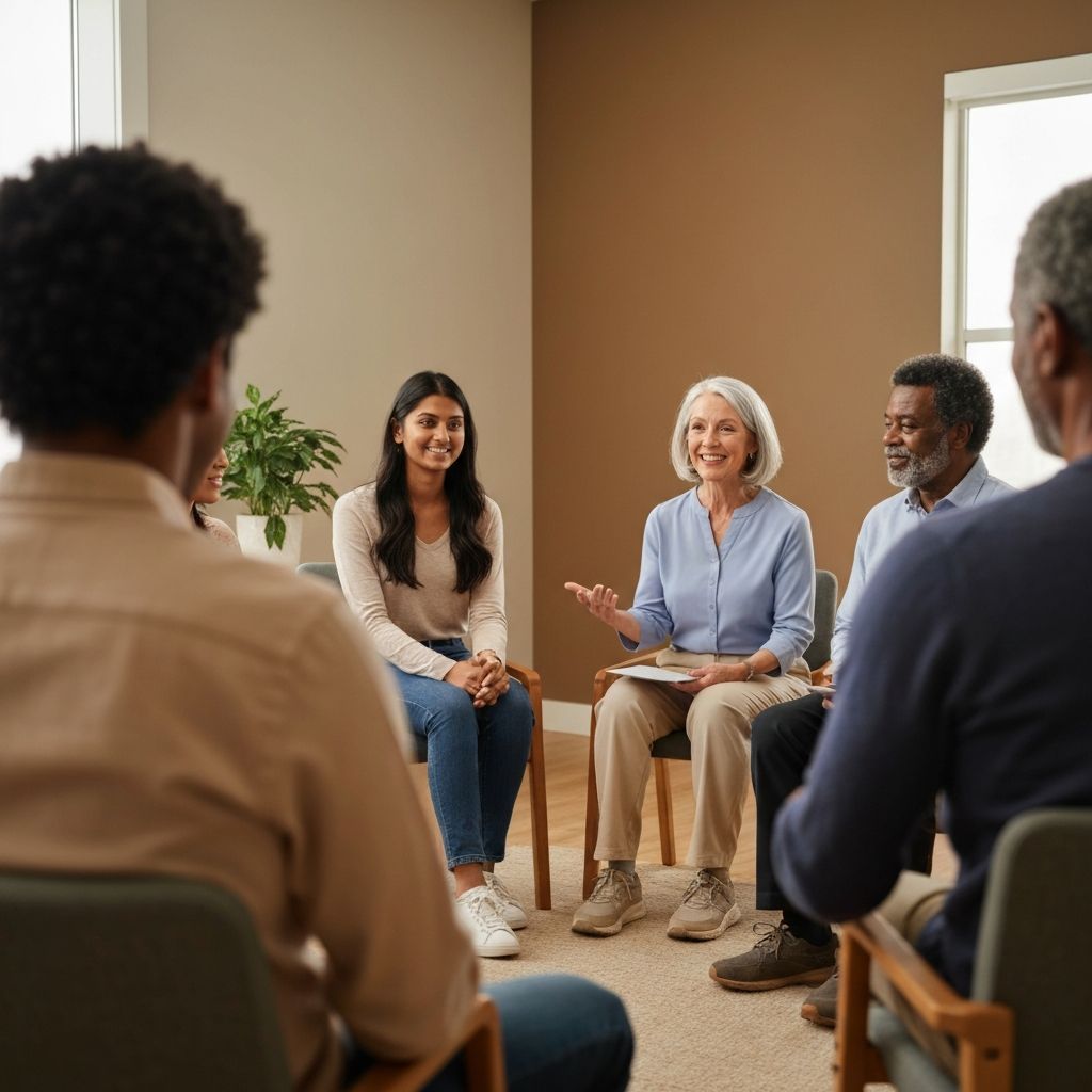 Small group therapy session with adults seated in a circle with a licensed therapist facilitating discussion